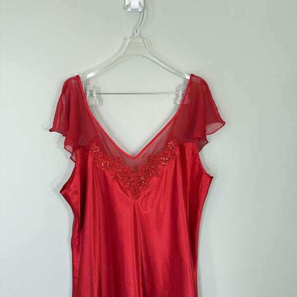 VTG GLAMOROUS SHINY Liquid SATIN Maxi Midi Dress SLIP Long GOWN Beaded Red 2X - Picture 3 of 8